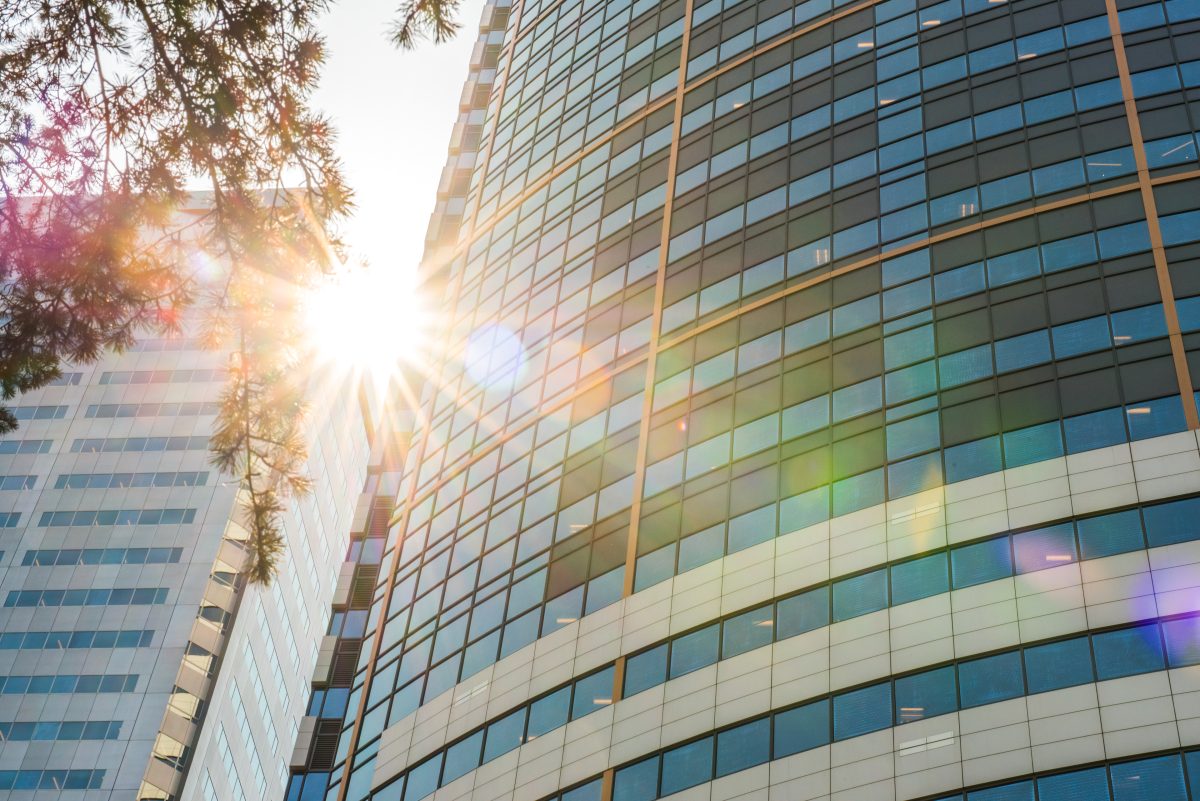 Building front with sun flare