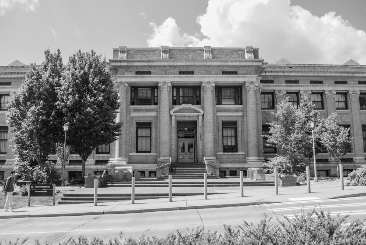 Black and white photo of the exterior of architecture hall