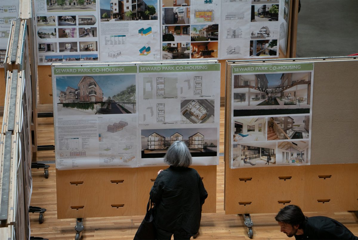 Architecture studio final student work displayed in Gould Court.