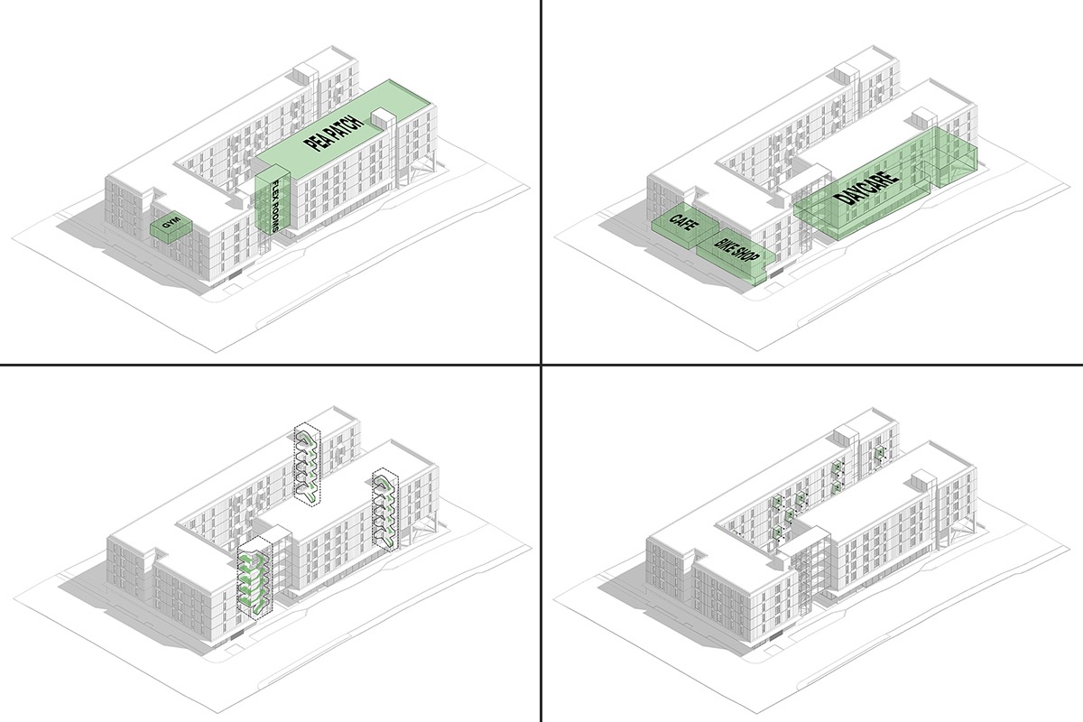 Contextual Axon Diagram showcasing amenities, storefronts, balconies, and stairs.