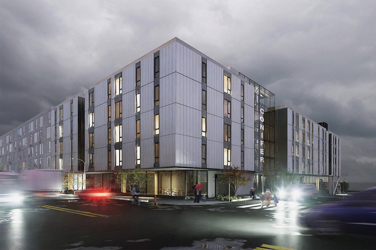 Render of the South West corner of the CONIFER.